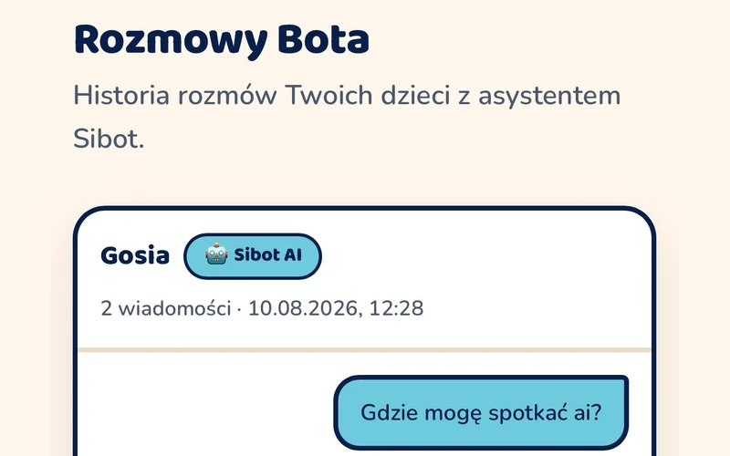 Panel rodzica, sekcja Rozmowy Bota: wpis z imieniem dziecka, liczbą wiadomości i datą, a pod nim treść rozmowy.