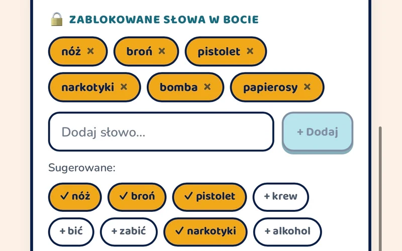 Panel rodzica, sekcja Zablokowane słowa w bocie: lista dodanych słów, pole dodawania nowego i gotowe podpowiedzi.